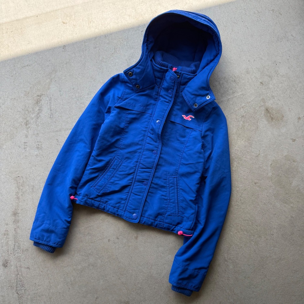 Y2K Womens Hollister Hooded Puffer Jacket Blue Fleece Lined XS